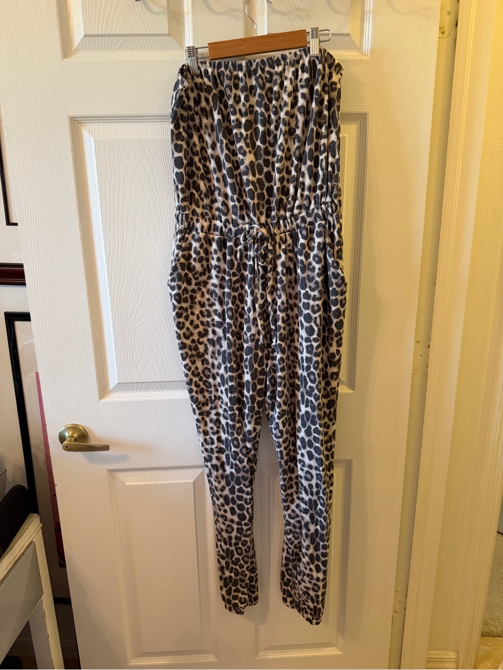 Cherish Strapless Leopard Print Jumpsuit in Gray and Black